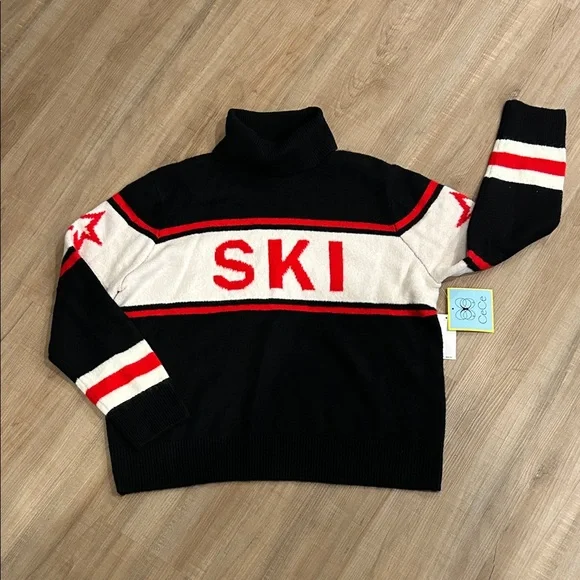 CeCe Black Red and white Turtleneck Ski Sweater. New with Tags - Picture 1 of 6